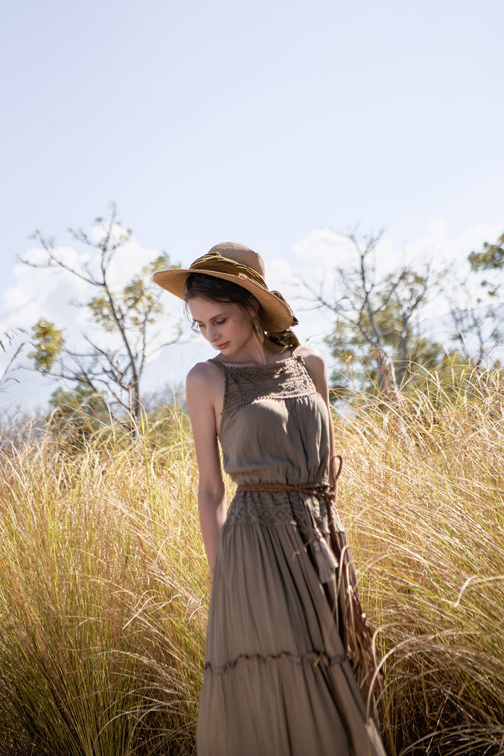 Chloe Halter Maxi Frill Dress - Desert Sand - The Fields of Gold by Tulle and Batiste