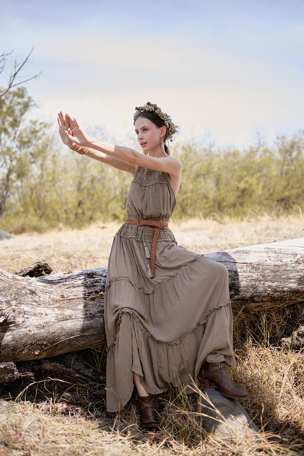 Chloe Halter Maxi Frill Dress - Desert Sand - The Fields of Gold by Tulle and Batiste