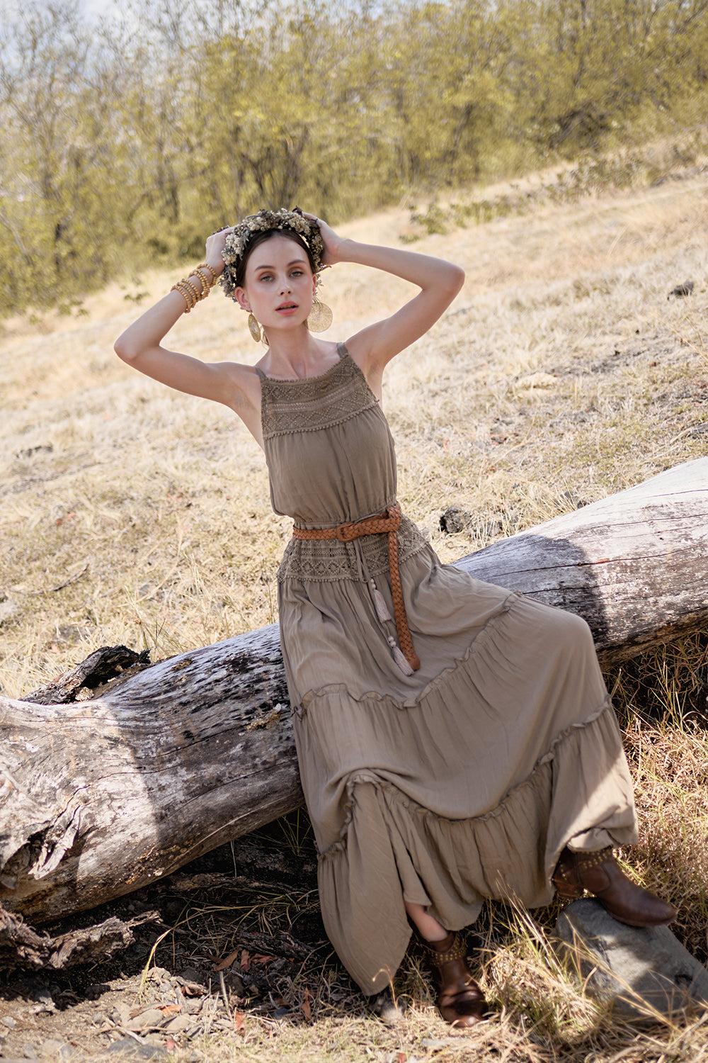 Chloe Halter Maxi Frill Dress - Desert Sand - The Fields of Gold by Tulle and Batiste