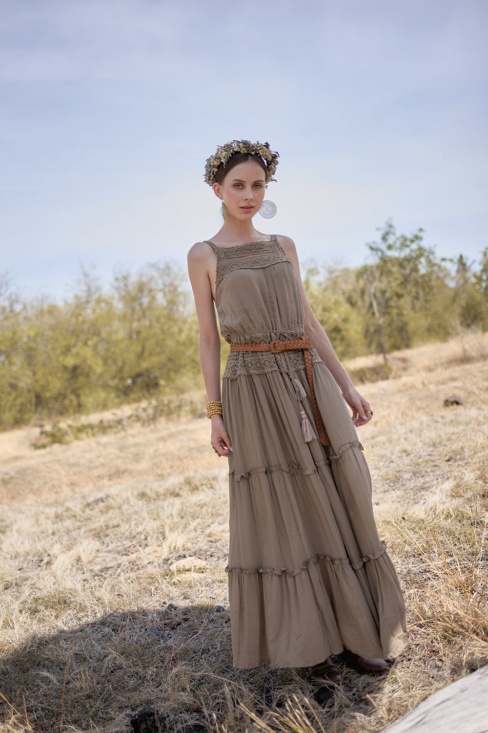 Chloe Halter Maxi Frill Dress - Desert Sand - The Fields of Gold by Tulle and Batiste