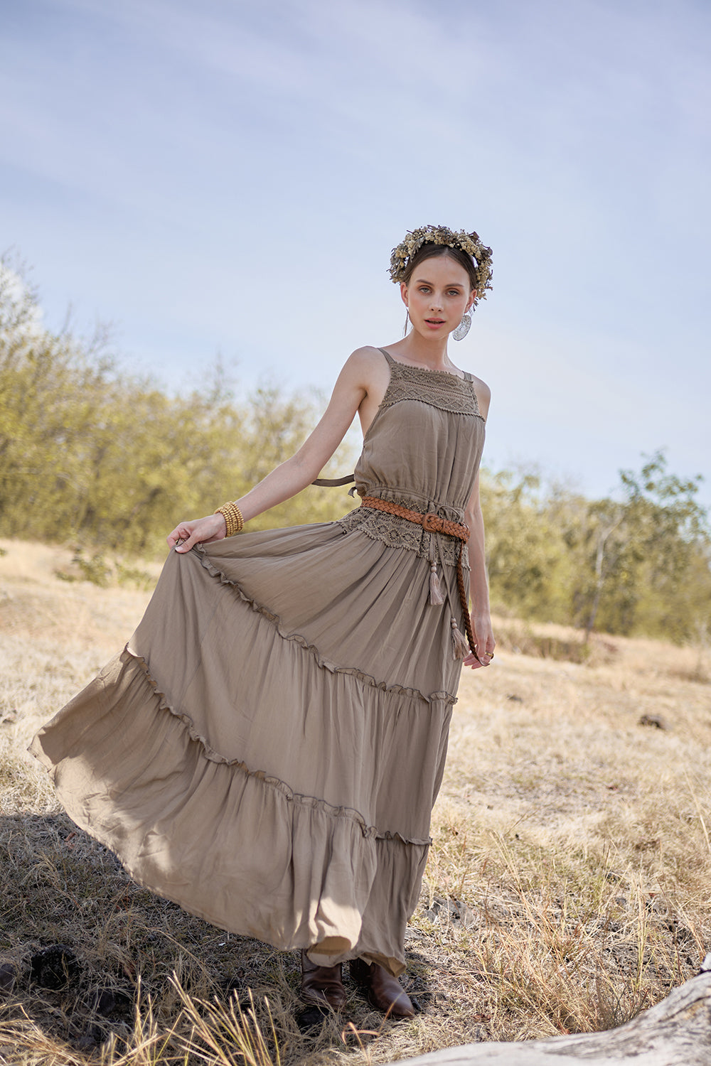 Chloe Halter Maxi Frill Dress - Desert Sand - The Fields of Gold by Tulle and Batiste