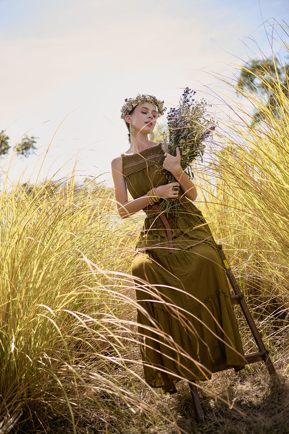 Chloe Halter Maxi Frill Dress - Moss - The Fields of Gold by Tulle and Batiste