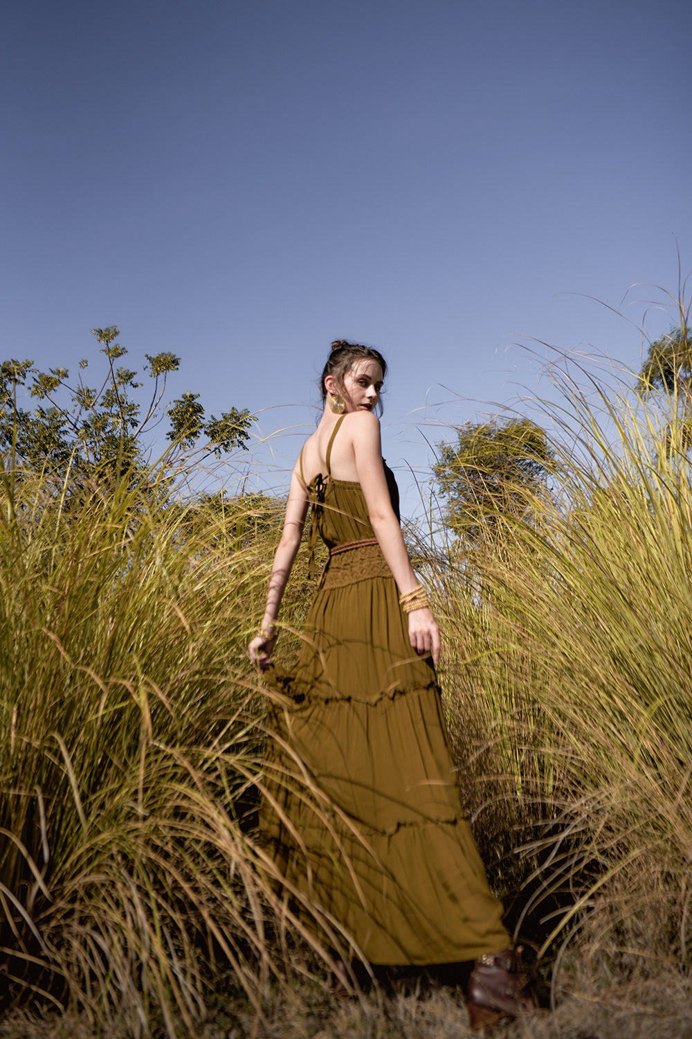 Chloe Halter Maxi Frill Dress - Moss - The Fields of Gold by Tulle and Batiste