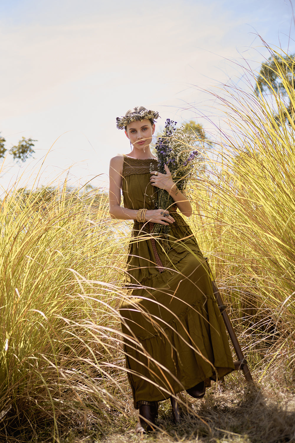 Chloe Halter Maxi Frill Dress - Moss - The Fields of Gold by Tulle and Batiste