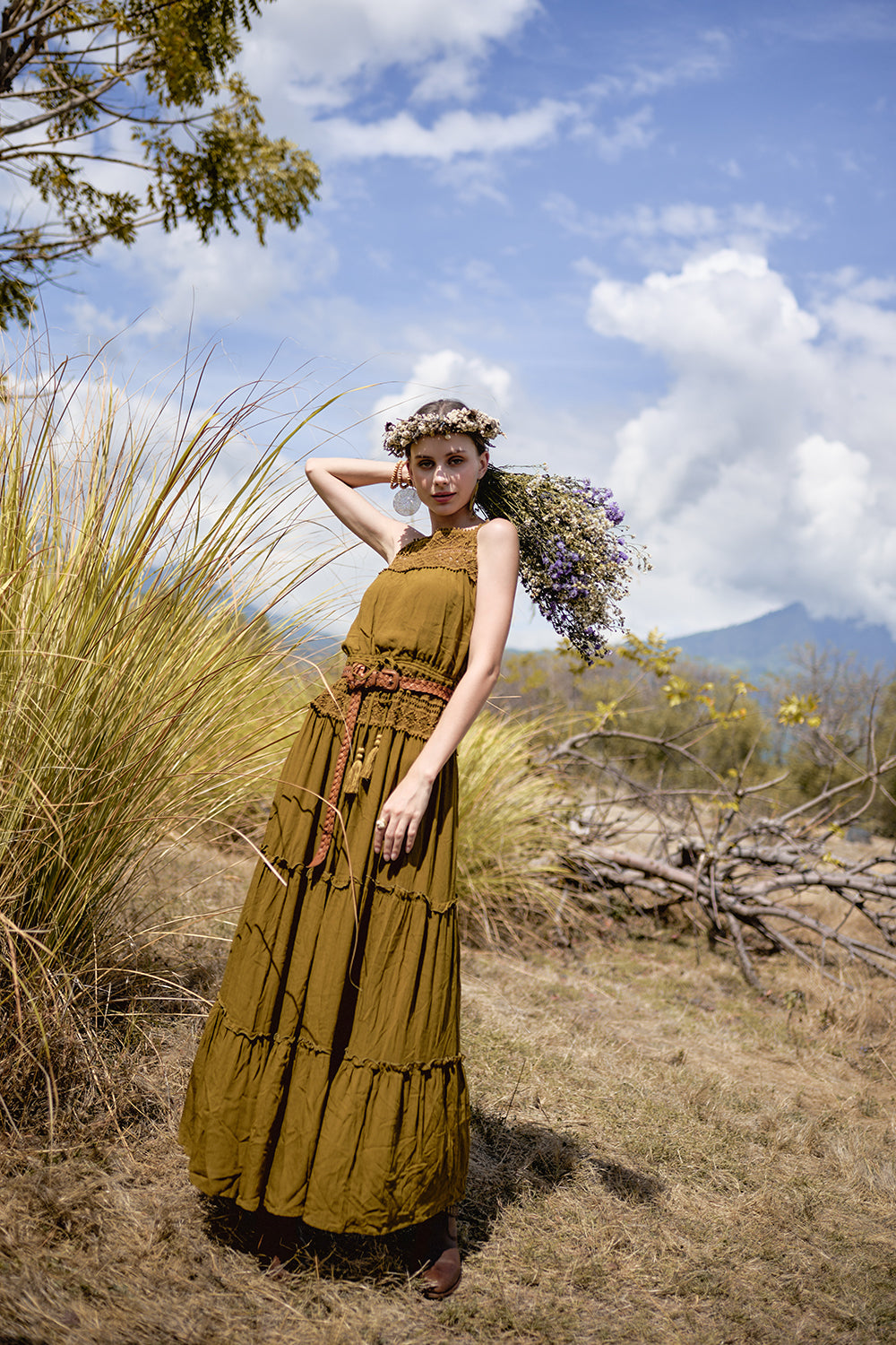 Chloe Halter Maxi Frill Dress - Moss - The Fields of Gold by Tulle and Batiste