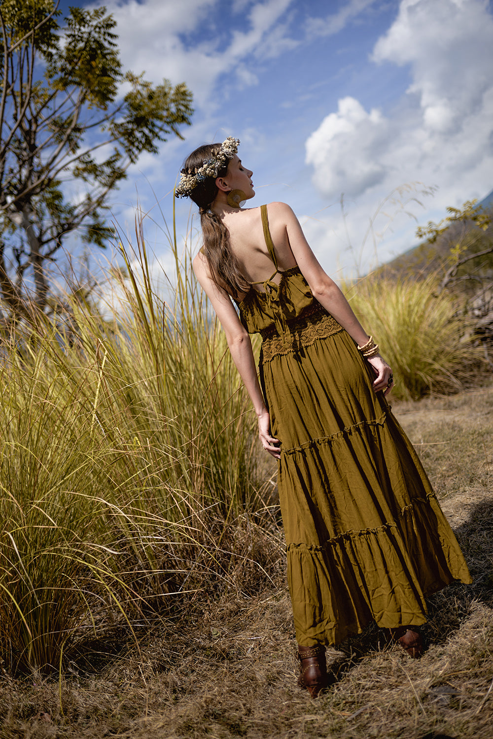 Chloe Halter Maxi Frill Dress - Moss - The Fields of Gold by Tulle and Batiste