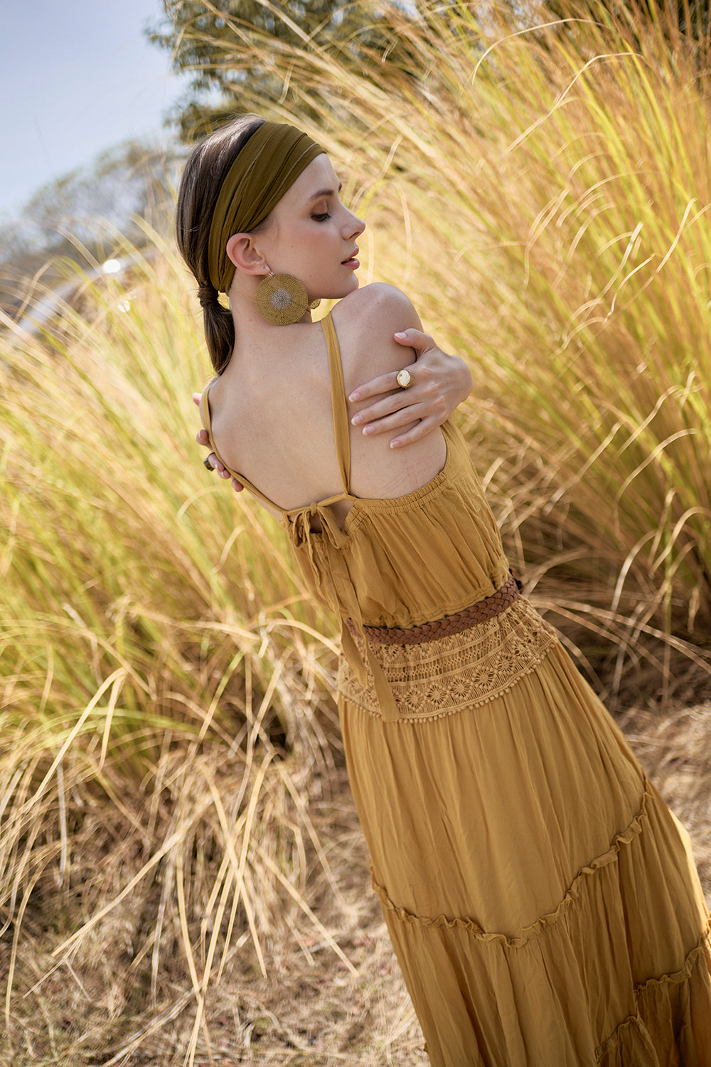 Chloe Halter Maxi Frill Dress - Saffron Gold - The Fields of Gold by Tulle and Batiste