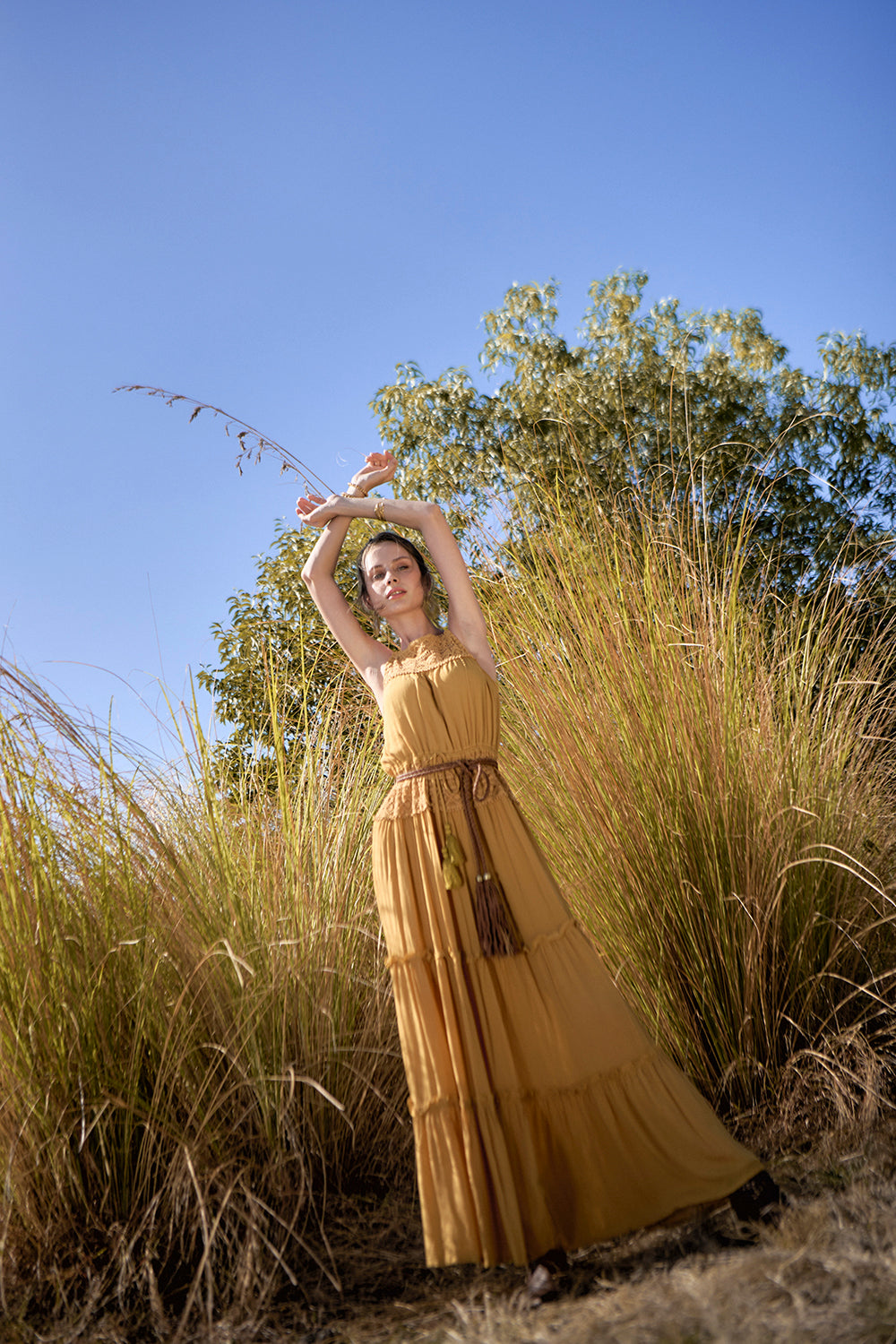 Chloe Halter Maxi Frill Dress - Saffron Gold - The Fields of Gold by Tulle and Batiste