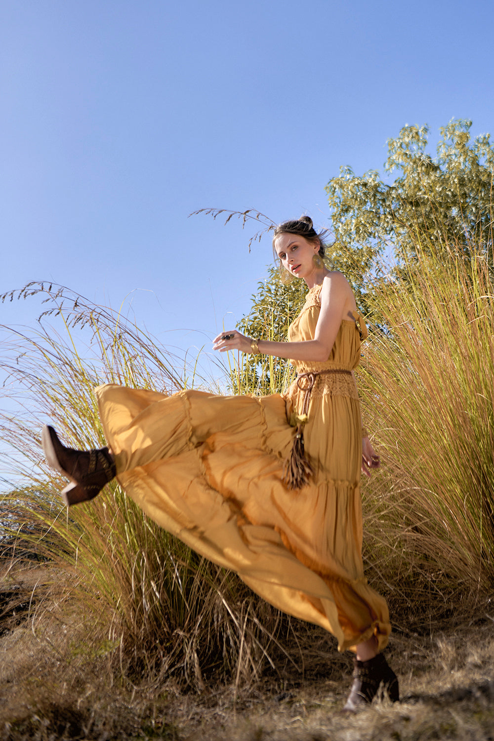 Chloe Halter Maxi Frill Dress - Saffron Gold - The Fields of Gold by Tulle and Batiste