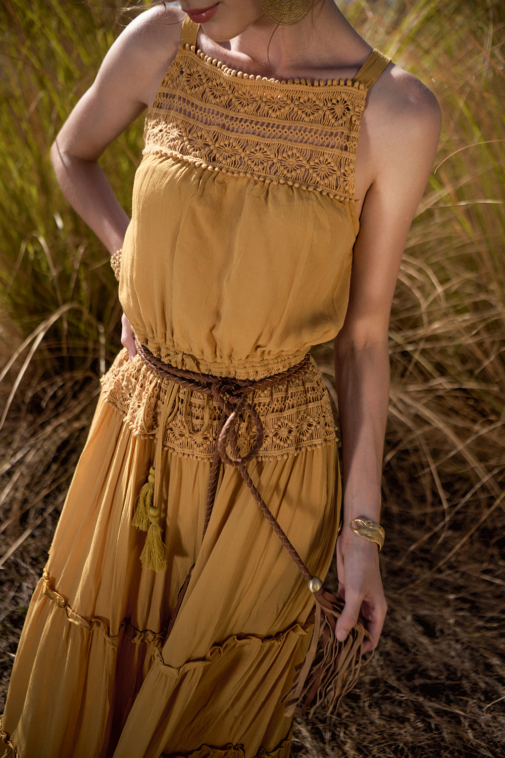 Chloe Halter Maxi Frill Dress - Saffron Gold - The Fields of Gold by Tulle and Batiste