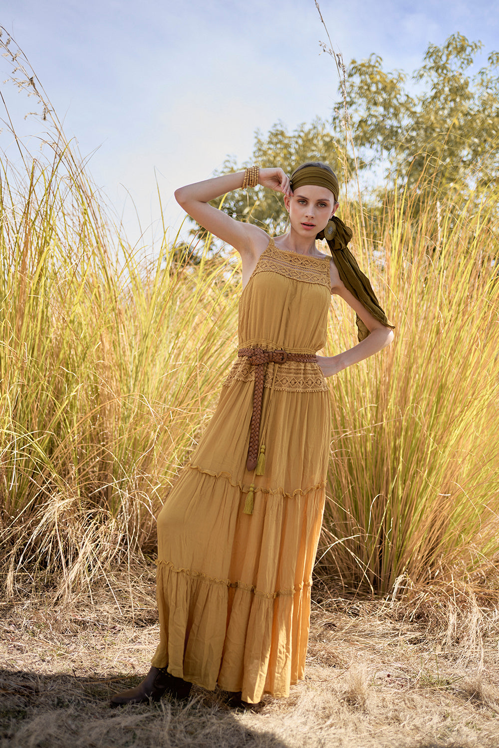 Chloe Halter Maxi Frill Dress - Saffron Gold - The Fields of Gold by Tulle and Batiste